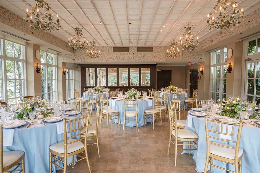 Pavilion Dinner Reception | Photo by In His Image Photography Pavilion set with five round tables of eight. | Photo by In His Image Photography