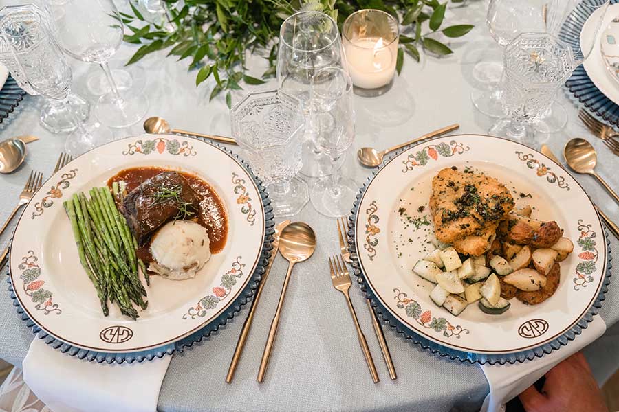 Wedding Dinner by GVG Chefs | In His Image Photography Wedding table with GVG beef short ribs and parmesan crusted chicken.